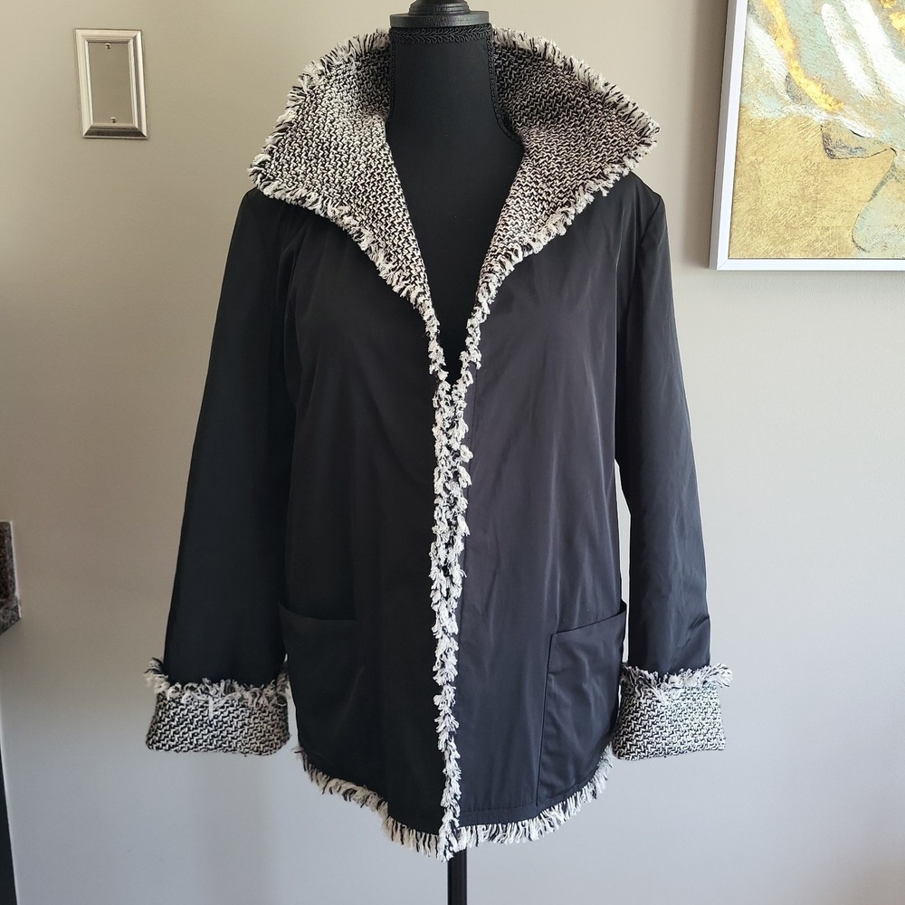 Charles Nolan New York Reversible Jacket Womens 12 Black Tweed Fringe Open Front